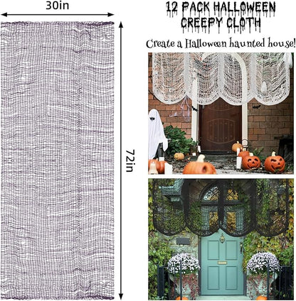 Legigo 12 Pack Halloween Creepy Cloths Cheesecloths, Spooky Black Mesh Fabric Cheese Cloths for Crafts, Scary Gauze Fabric for Party Supplies Home Wall Doorway Outdoor Yard Decor(Black,White,Purple)