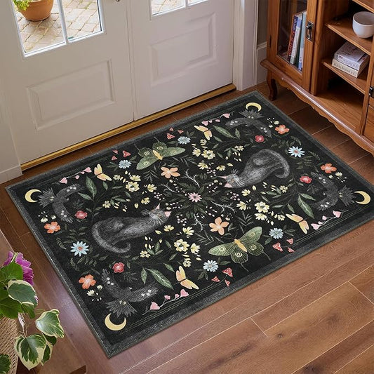 GarveeHome Cat Entryway Rug, 2x3 Mushroom Insect Black Washable Front Door Rug Indoor Entrance Floral Carpet Non-Slip Low Pile Throw Rugs for Kitchen Floor, Powder Room, Entry, Bathroom, Kids Room