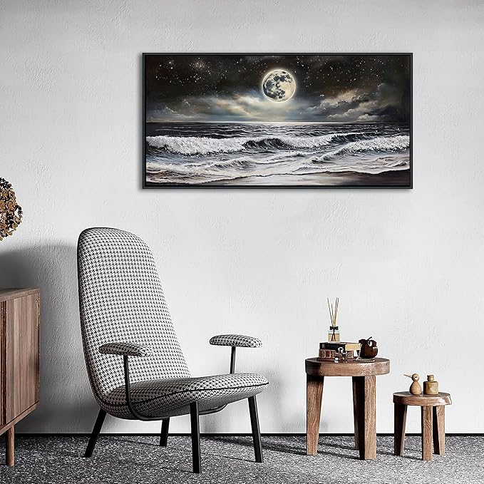 QZQCBLC Black and White Wall Art, Sea Beach Pictures Moon Starry Clouds Ocean Scene Framed Canvas Paintings Artwork for Living room Bathroom Bedroom Home Office Wall Pictures Decor 20x40 IN