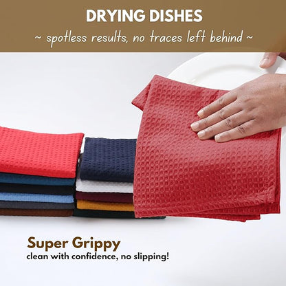 Native Fab Waffle Weave Dish Towels 12 Pack, 100% Cotton Kitchen Dishcloths with Hanging Loop, 16x26 Inches, Super Absorbent, Quick Dry for Kitchen Cleaning, Drying Dishes, Red