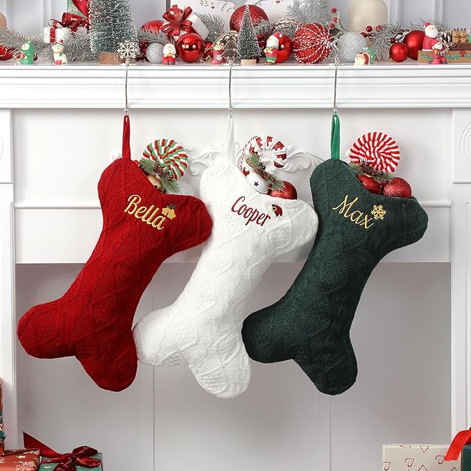Personalized Christmas Stockings for Dogs,Custom Embroidered Name+Logo Xmas Knitted Bone Stockings,Holiday and Family Stocking for Fireplace Christmas Holiday Party Decoration 1-6Pack（Red）