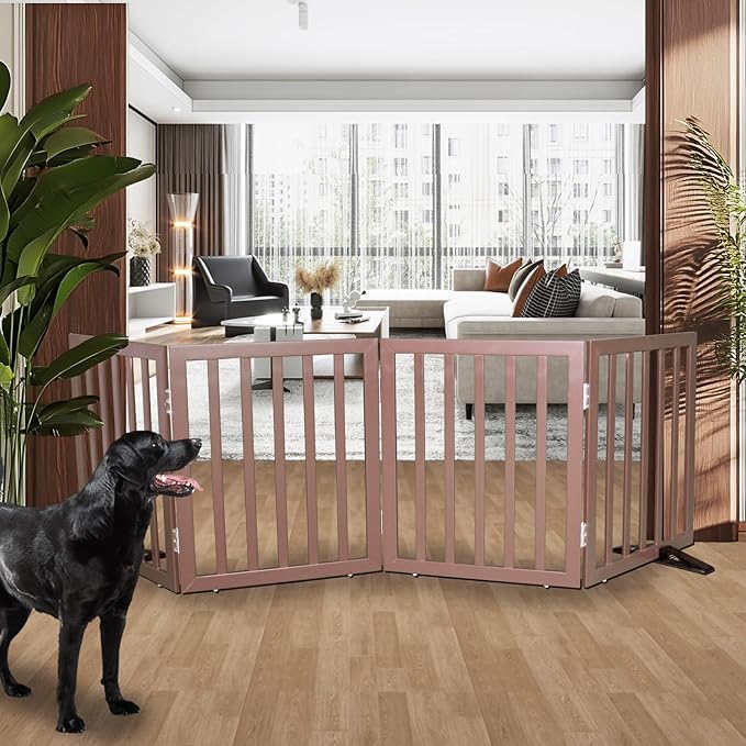 Dog Gate Indoor, Freestanding Dog Fence for The House, Doorways, Hallways,or Stairs,Pet Gate Foldable Wooden,Expandable 24" Height 4 Panels,Brown