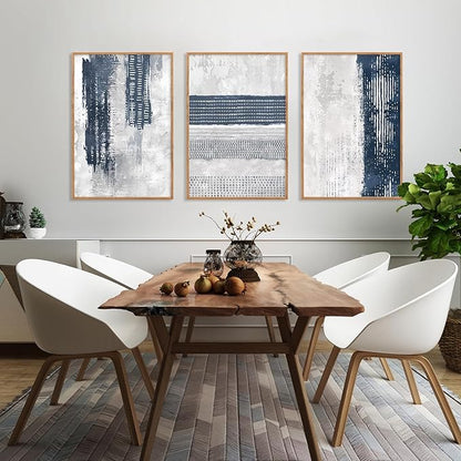 HLNIUC Navy Blue Abstract Framed Wall Art Set, Neutral Minimalist Canvas Wall Decor, Mid Century Modern Wall Painting, Grey Geometric Art Print for Living Room, Bedroom, Office - 16"x24"x3
