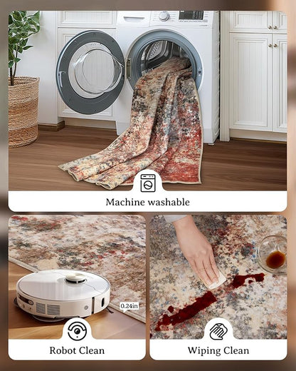 Washable Area Rug for Living Room: 8x10 Modern Abstract Neutral Soft Rug for Bedroom Dining Room No Slip Low Pile Carpet for Nursery Home Office - Red/Ivory