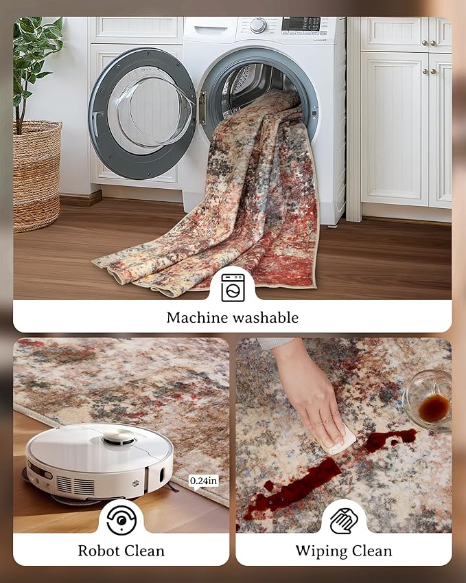 AUKOW Washable Area Rug for Living Room: 9x12 Modern Abstract Neutral Soft Rug for Bedroom Dining Room No Slip Low Pile Carpet for Nursery Home Office - Red/Ivory