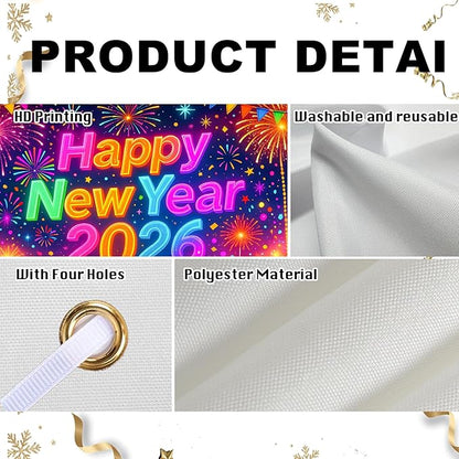Nuxovilar Happy New Year 2026 Banner, Colorful Backdrop for Party Decorations, 71x43 Inch