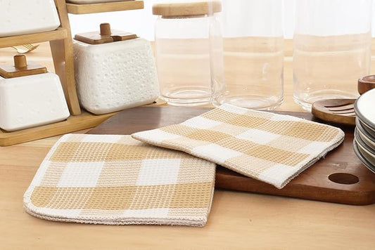 Waffle Weave Plaid Dish Cloths, 100% Cotton - 12 x 12 Inches, Ultra Soft Absorbent Quick Drying Dish Towels Buffalo Check Dish Rags for Kitchen, 8 Pack -Fall Thanksgiving -Beige & White