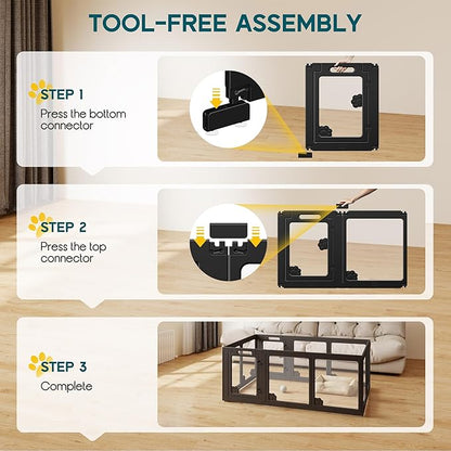 Albott Acrylic Clear Dog Playpen Indoor, Modular Puppy Cat Small Pet Play Pen with 2 Doors, Transparent Fence for Little Dogs, Cats, Rabbits, Easy Assemble and Disassemble, Black (24" H, 10 pcs)