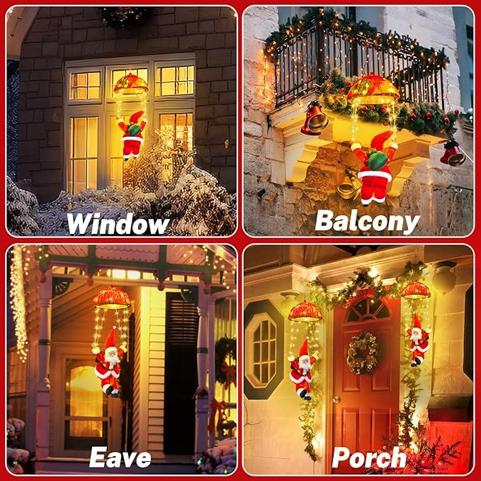 Christmas Lights Outdoor Indoor, Santa Claus Parachute LED Lights, 8 Modes & Timer Christmas Decorations Lights Outside Inside for Window, Garden, Home, Porch, Xmas Tree Decor (Warm White) ﻿