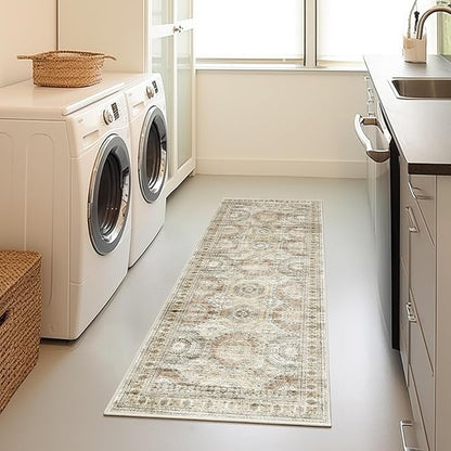 2x5 Rug Runner Washable for Entryway, Soft Bathroom Rugs with Non-Slip Backing, Abstract Low Pile Hallway Runner, Vintage Small Kitchen Carpet for Stair, Laundry Room(2'x5', Brown/Pink)