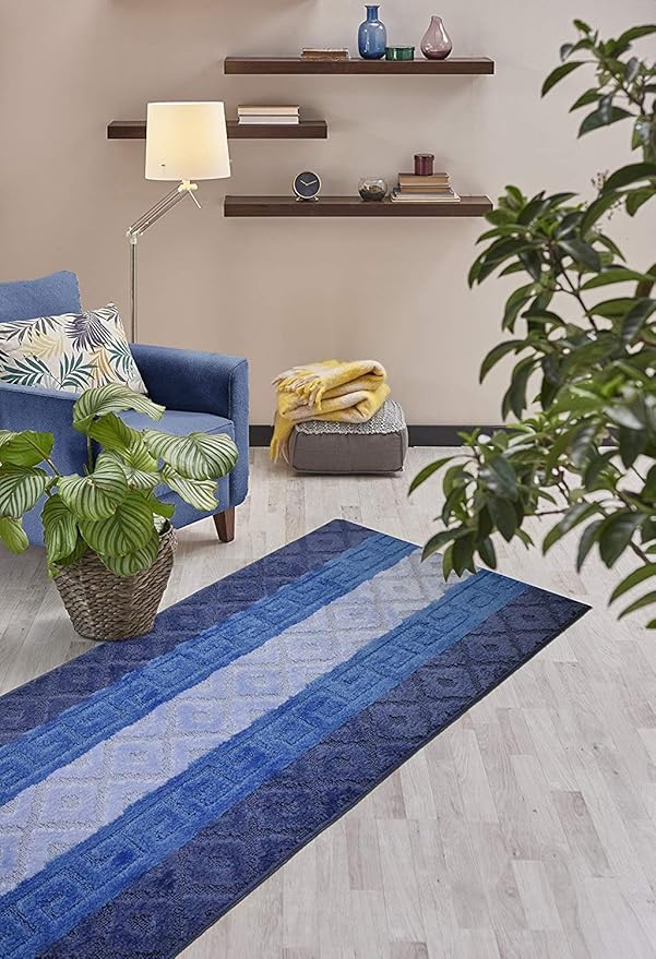 Custom Cut Hallway Runner Rug, Slip Resistant, 31 Inch Wide X Your Choice of Length, Meander Blue, 31 Inch X 21 feet