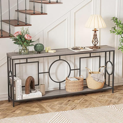 GOFLAME 71” Extra Long Console Table, 2-Tier Faux Wood Entryway Table with Storage Shelf, Geometric Metal Frame, Industrial Accent Table, Narrow Sofa Table for Living Room, Hallway
