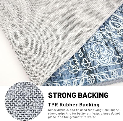 KUTA Vintage Runners for Hallways 2.6x10 Non-Slip, Blue White Washable Kitchen Rug Ultra Soft Printed Distressed Traditional Medallion Floor Carpet for Bedroom Living Room
