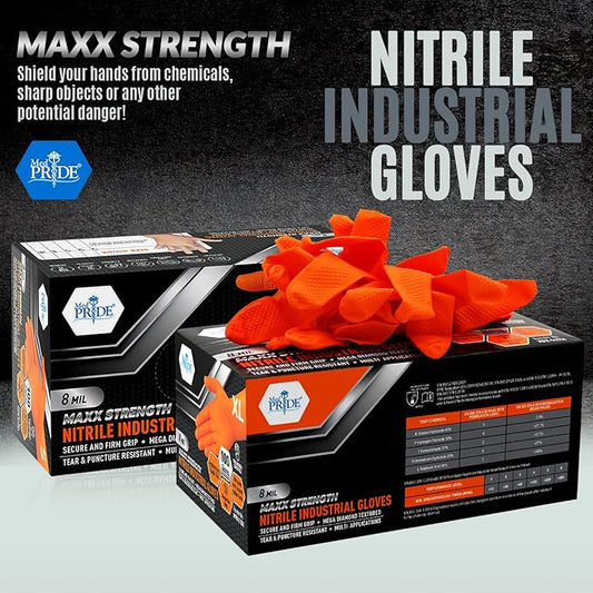 MED PRIDE Maxx Strength Nitrile Industrial Orange Gloves, 8 Mil Thick - Diamond Texture Disposable Heavy-Duty, Tear-Resistant