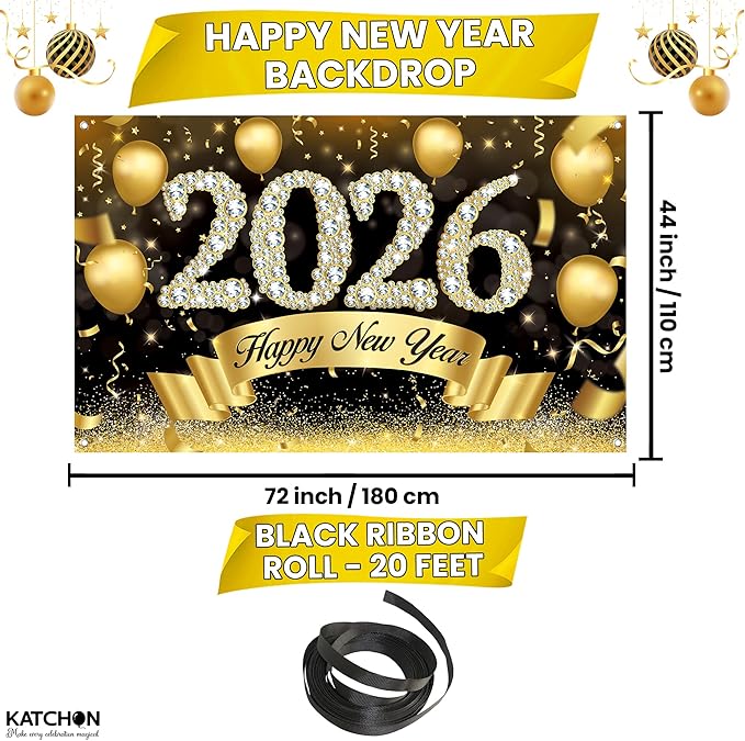 Katchon, Xtralarge Happy New Year Banner - 72x44 Inch | Happy New Year 2026 Banner for New Years Decorations 2026 | New Years Backdrop for New Years Eve Party Supplies 2026 | NYE Decorations 2026