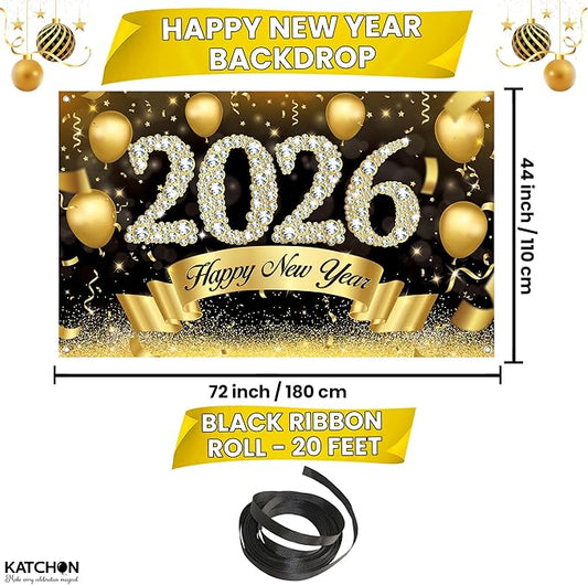 Katchon, Xtralarge Happy New Year Banner - 72x44 Inch | Happy New Year 2026 Banner for New Years Decorations 2026 | New Years Backdrop for New Years Eve Party Supplies 2026 | NYE Decorations 2026