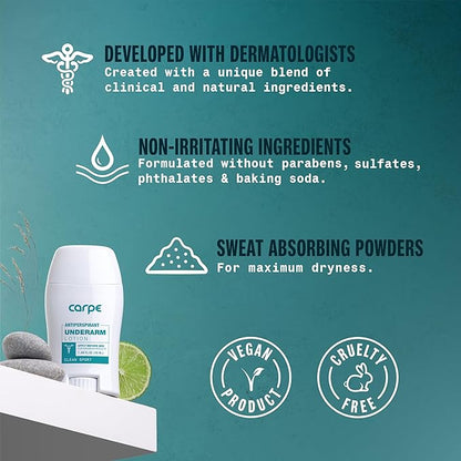 Carpe Deodorant Underarm Antiperspirant - Advanced Sweat & Odor Protection Formula - Sport Deodorant for Men & Women - Combat Excessive Sweating with Odor Control - Clean Sport Scent (Pack of 3)