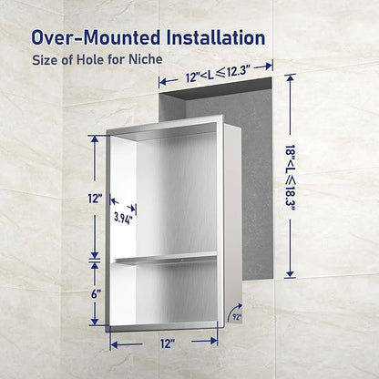 Stainless Steel Shower Niche 18" X 12" Brushed No Tile Needed Wall Niche Double Shelves Recessed Shower Shelf for Bathroom Storage Over Mount Installation