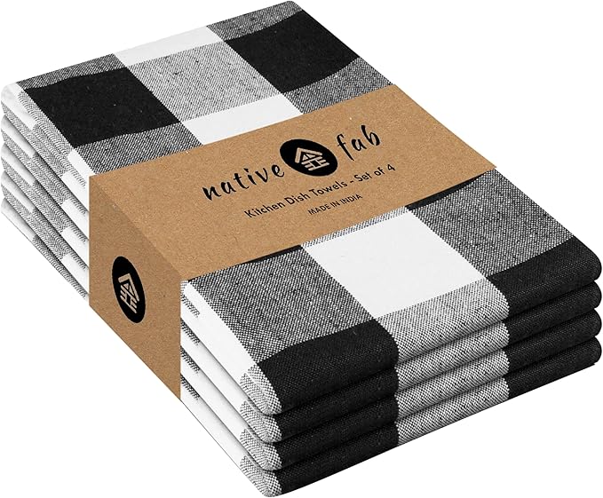 Native Fab 4-Pack Kitchen Towel with Hanging Loop 16x26 inches, Cotton Buffalo Check Kitchen Towels for Cleaning Drying, Washcloths Soft & Absorbent Cloth Rags, Bar Towel, Dish Cloth, Black