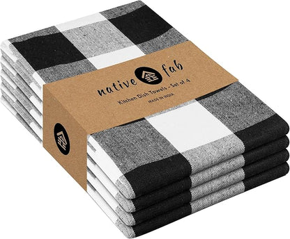 Native Fab 4-Pack Kitchen Towel with Hanging Loop 16x26 inches, Cotton Buffalo Check Kitchen Towels for Cleaning Drying, Washcloths Soft & Absorbent Cloth Rags, Bar Towel, Dish Cloth, Black