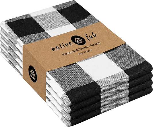 Native Fab 4-Pack Kitchen Towel with Hanging Loop 16x26 inches, Cotton Buffalo Check Kitchen Towels for Cleaning Drying, Washcloths Soft & Absorbent Cloth Rags, Bar Towel, Dish Cloth, Black
