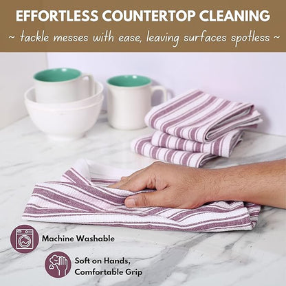 Native Fab Cotton Kitchen Towels - 16x26 inches - Set of 4 - Basket Weave Stripe Dish Towels for Cleaning, Drying Dishes, Absorbent Dish Cloths Set with Hanging Loop - Burgundy Maroon