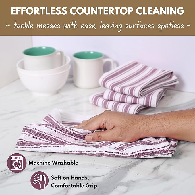Native Fab Kitchen Dish Towels 16x26 inches - Set of 12 - Basket Weave 100% Cotton Striped Tea Towels, Wash Cloths for Drying Dishes, Absorbent Hand Towels with Hanging Loop - Burgundy