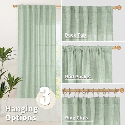 YoungsTex Sage Green Linen Curtains 72 Inch Length for Living Room, Semi Sheer Light Filtering Drapes with Back Tab Rod Pocket for Bedroom Spring Decor, 42 X 72 Inch, 2 Panels