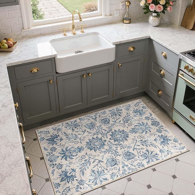 jinchan 3x5 Area Rugs for Entryway, Vintage-Inspired Floral Design Machine Washable Non-Slip Low-Pile Rug, Ultra-Thin Indoor Traditional Accent Carpet for Entrance Kitchen Bedroom Hallway, Dark Blue