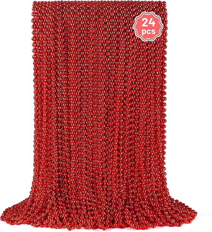 YAXINRUI 24 PCS Red Bead Necklaces, Red Christmas Mardi Gras Bead Necklaces, Valentine Necklace, 33 Inch Round Beaded Necklaces for Mardi Gras Christmas Valentine Festive Events, Party Favors