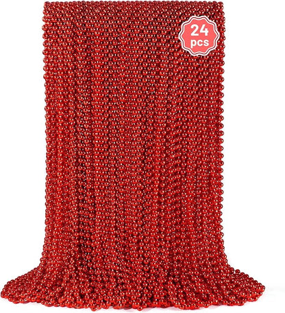YAXINRUI 24 PCS Red Bead Necklaces, Red Christmas Mardi Gras Bead Necklaces, Valentine Necklace, 33 Inch Round Beaded Necklaces for Mardi Gras Christmas Valentine Festive Events, Party Favors