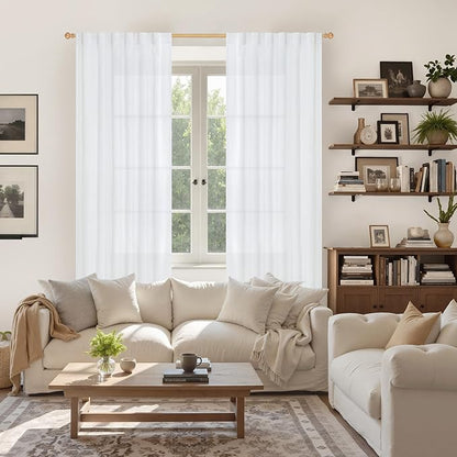 YoungsTex Linen Curtains 90 Inches Length for Living Room Rod Pocket White Window Drapes Light Filtering for Bedroom Dining Room Office Let Light in, 52 X 90 Inch, 2 Panels