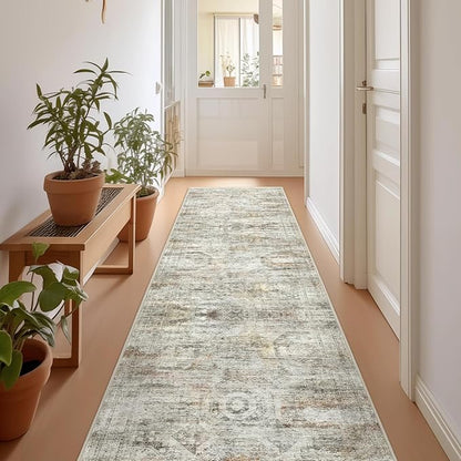 Rug Runners for Hallways Non Slip - 2x8 Runner Rug for Bedroom, Washable Runner with Rubber Backing, Soft Low-Pile Carpet for Kitchen, Laundry, Bathroom (2'x8', Grey/Rust)