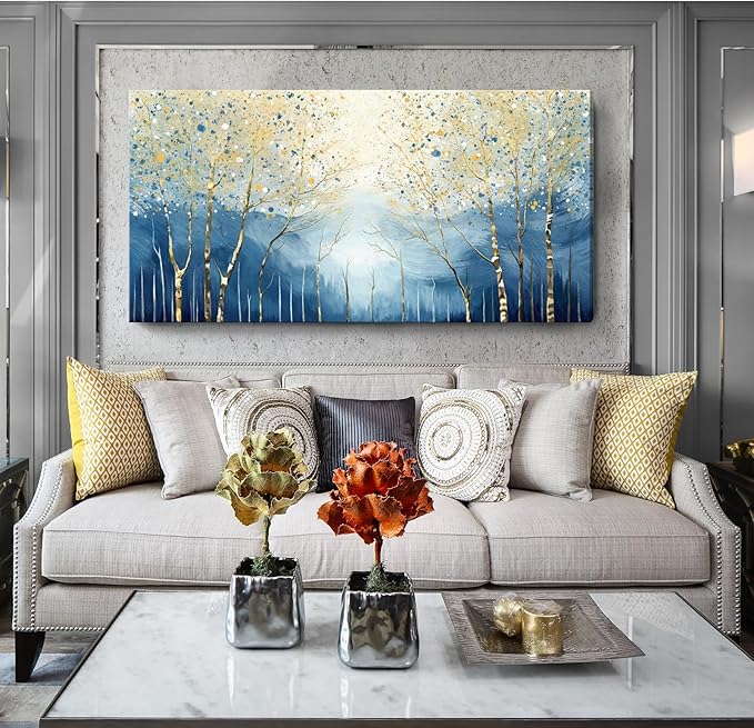 amatop Extra Large Wall Art for Living Room – Modern Forest Landscape Picture Abstract Nature Tree Scenery Canvas Art Prints Blue Wall Decor Oversized Horizontal Birch Artwork Bedroom Office 58x29 Inch