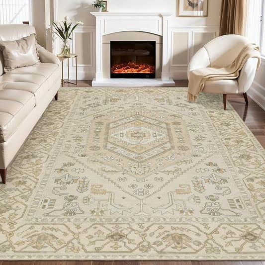 SERISSA Washable Rugs 8x10 Area Rugs, Large Non-Slip Boho Living Room Rug, Ultra Soft Vintage Beige Print Distressed Farmhouse Carpet for Dining Room Bedroom Dorm Office Home Decor
