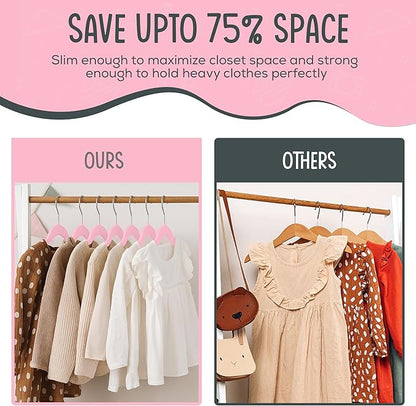 25 Premium Kids Velvet Hangers - 14" Non-Slip Clothes Hangers for Kids & Preteens - Ultra Slim, Space-Saving, Strong & Durable Hangers with 360° Swivel Hook - Pink