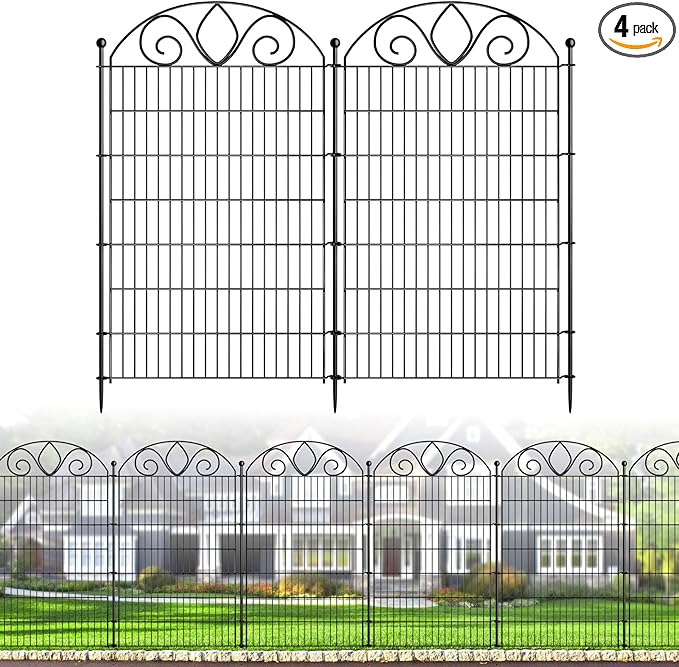 4 Panels No Dig Tall Garden Fence Panel – 48" H X 10.5' L Rustproof Metal Dog Fence Outdoor for Yard, Decorative Animal Barrier Fence for Pet, Garden Border, Patio, Flower Beds| Temporary Fencing