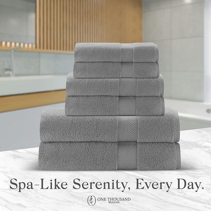 Premium Staple Cotton Bathroom Towel Set - Gray 600 GSM 6-Piece Luxury Bath Towel Set 1 Stripe - 2 Bath Towels, 2 Hand Towels & 2 Washclothes Set - High Absorbent & Quick Dry for Gym, Spa, Hotel