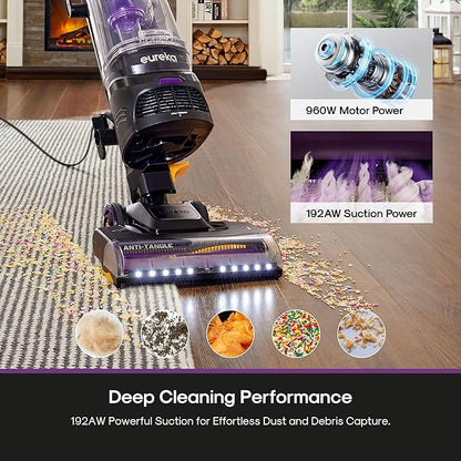 Eureka FlexReach Powerful Upright Vacuum Cleaner for Carpet and Hard Floor, Lift-Up Vacuum with Large Dust Cup, Anti-Tangle, NEU651PL, Purple