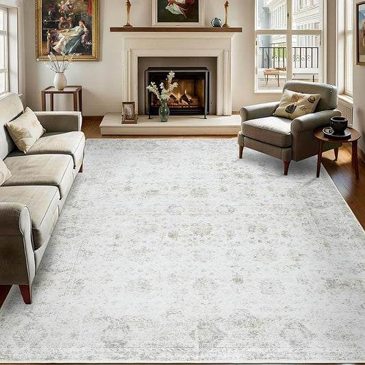 Washable 3×5 Area Rug for Living Room, Vintage Floral Rug Soft Non Slip Stain Resistant Boho Carpet for Bedroom Dinning Room Kitchen Home Office 02 Beige