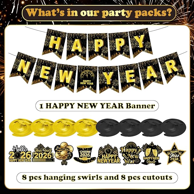 Happy New Year Banner & Hanging Swirls, 2026 Black and Gold Happy New Years Paper Banner Ceiling Swirl Streamers for New Years Eve Party Supplies