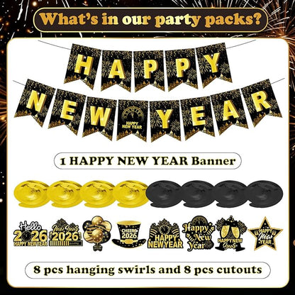 Happy New Year Banner & Hanging Swirls, 2026 Black and Gold Happy New Years Paper Banner Ceiling Swirl Streamers for New Years Eve Party Supplies