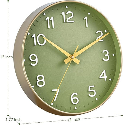 Wall Clock 12 Inch Silent Green Wall Clocks Battery Operated- Modern Non Ticking Analog Clock Decorative for Living Room Bedroom Office Kitchen(Gold)