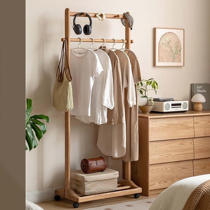 YESWOOD Solid Wood Clothes Rack, Rolling Garment Rack with Wheels & Shelves Storage & 5 Hooks Heavy Duty Clothing Rack,Portable Clothes Rack for Bedroom, Living Room, Entryway