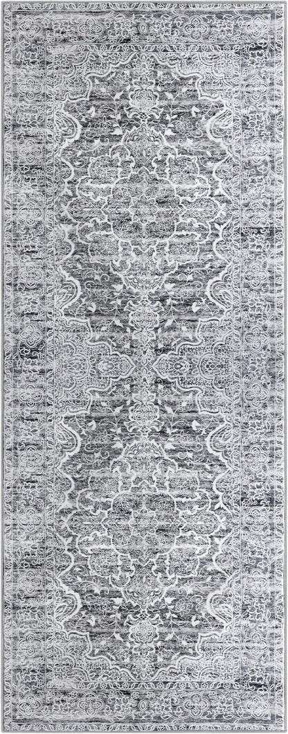 KUTA Washable Kitchen Runner 3x8, Grey Blue White Non Skid Washable 8ft Rug, Printed Vintage Distressed Tribal Area Rugs Ultra Soft Carpet Runners for Bedroom Living Room