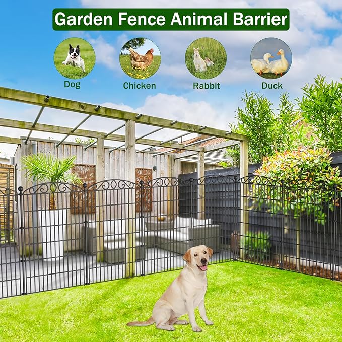 12 Panel No Dig Decorative Garden Fence - 42in H x 25.55ft L, Tall Animal Barrier for Dogs Rabbits, Rustproof Metal Wire Panels for Yard, Patio, and Outdoor Border Use