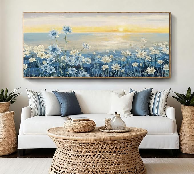 amatop Giant Framed Wall Art for Living Room Extra large Modern Coastal Beachy Canvas Wall Art Big Floral Sunrise Blue Wall Picture Oversized Lake Nature Sunset Artwork Office Bedroom Decor 71“x31”