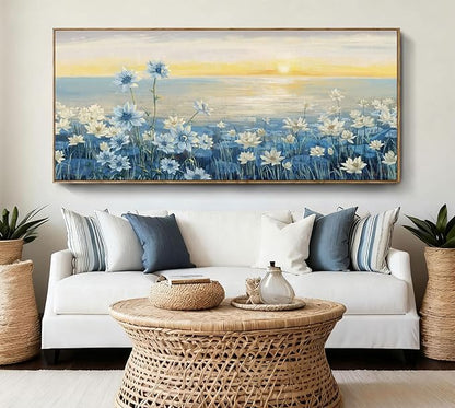 amatop Giant Framed Wall Art for Living Room Extra large Modern Coastal Beachy Canvas Wall Art Big Floral Sunrise Blue Wall Picture Oversized Lake Nature Sunset Artwork Office Bedroom Decor 71“x31”