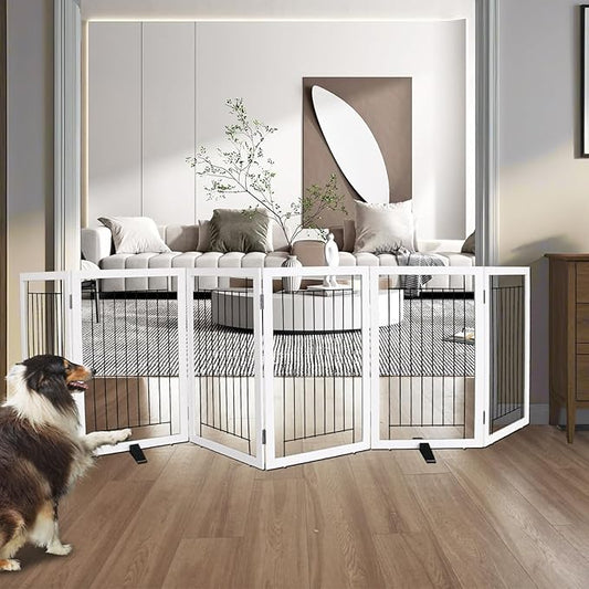 ZJSF Freestanding Dog Gate Indoor, Foldable Dog Fence for Doorways,Hallways or Stairs, Sturdy Wood Extra Wide Pet Gate with Support Feet,White,32 "Height-6 Panels