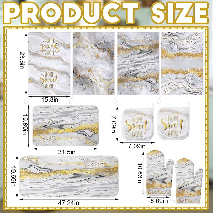 10 Pcs Christmas Marble Farmhouse Kitchen Decor Accessories Set Marble Kitchen Dish Towels Rugs Oven Mitts and Pot Holders Sets for Cooking Baking Daughter Mom Gift(White)